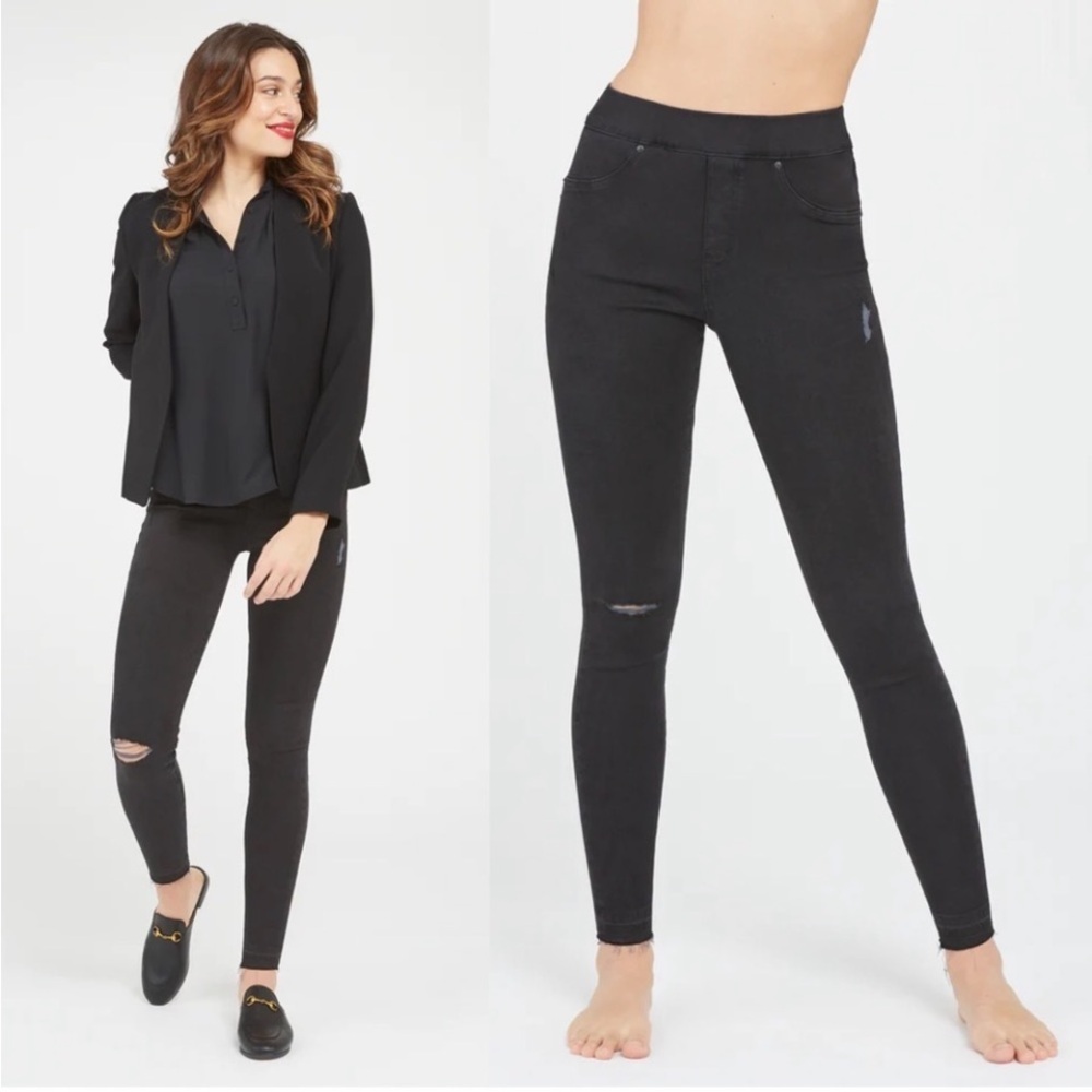NWT Spanx Black Distressed Skinny Pull On Jeans Size XL.